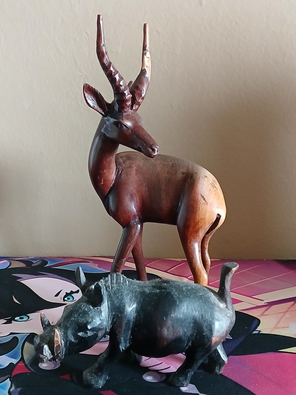 Hand-Carved Dark Wood Antelope & Boar Sculptures- Home Art Accent Lot ,HI